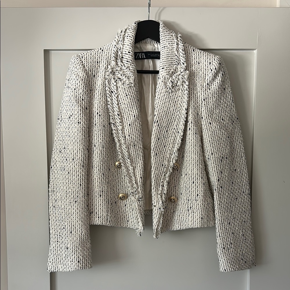 Zara Cream Tweed Blazer Cropped